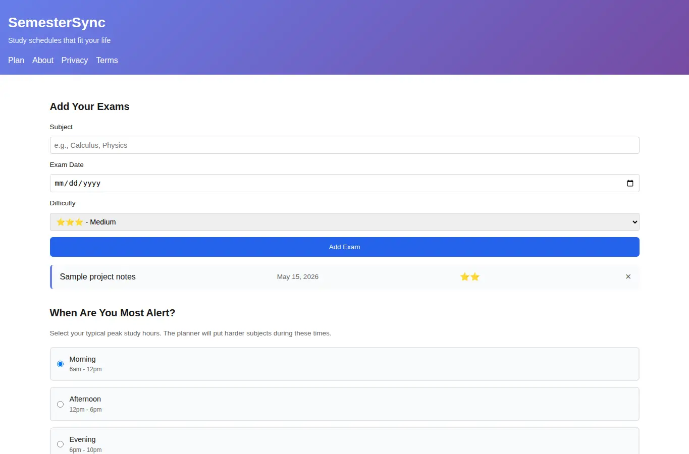 Screenshot of SemesterSync: Study Planner interface showing the project page in use